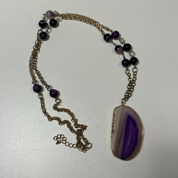 Purple Agate Pendant Necklace Gold Tone Chain Statement Stone Boho Jewelry - Picture 4 of 6